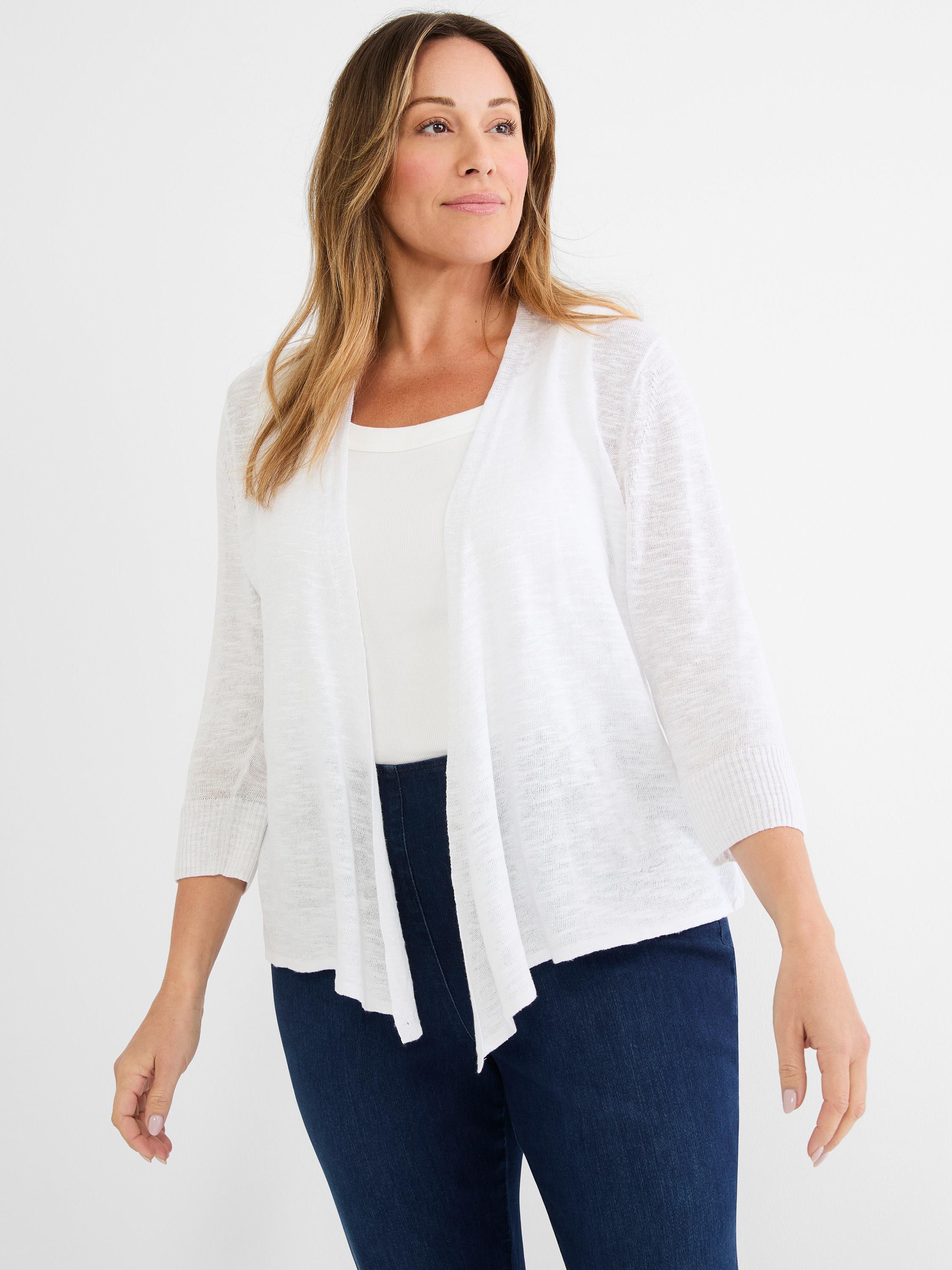 A model wears a lightweight sheer white open cardigan featuring three-quarter sleeves and a flowing, draped front.