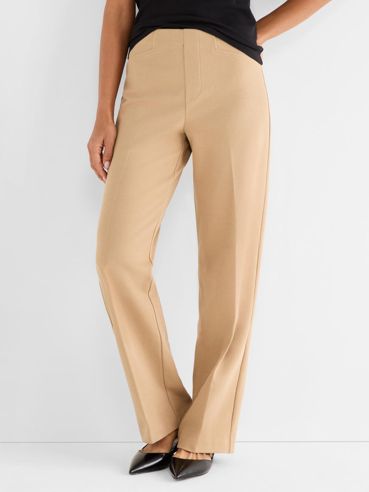 High-waisted khaki tailored pants feature a smooth front and a structured straight leg silhouette.