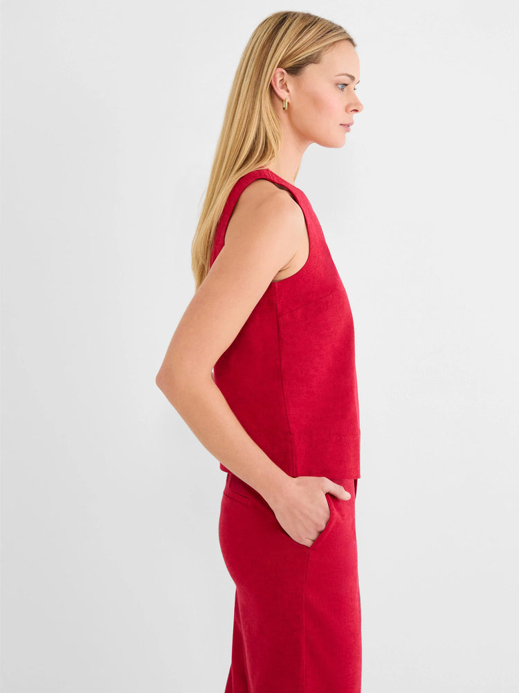 Red sleeveless tank top, relaxed fit with subtle linen texture.