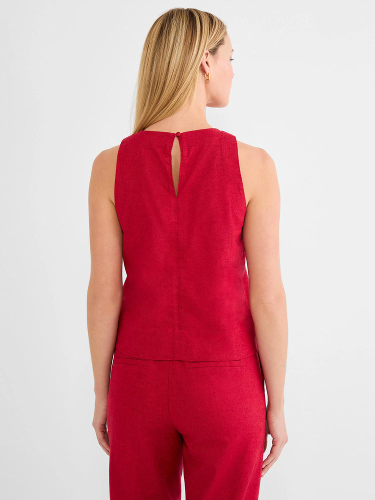 Red sleeveless tank. Visible linen texture, with a back keyhole opening and single button closure.