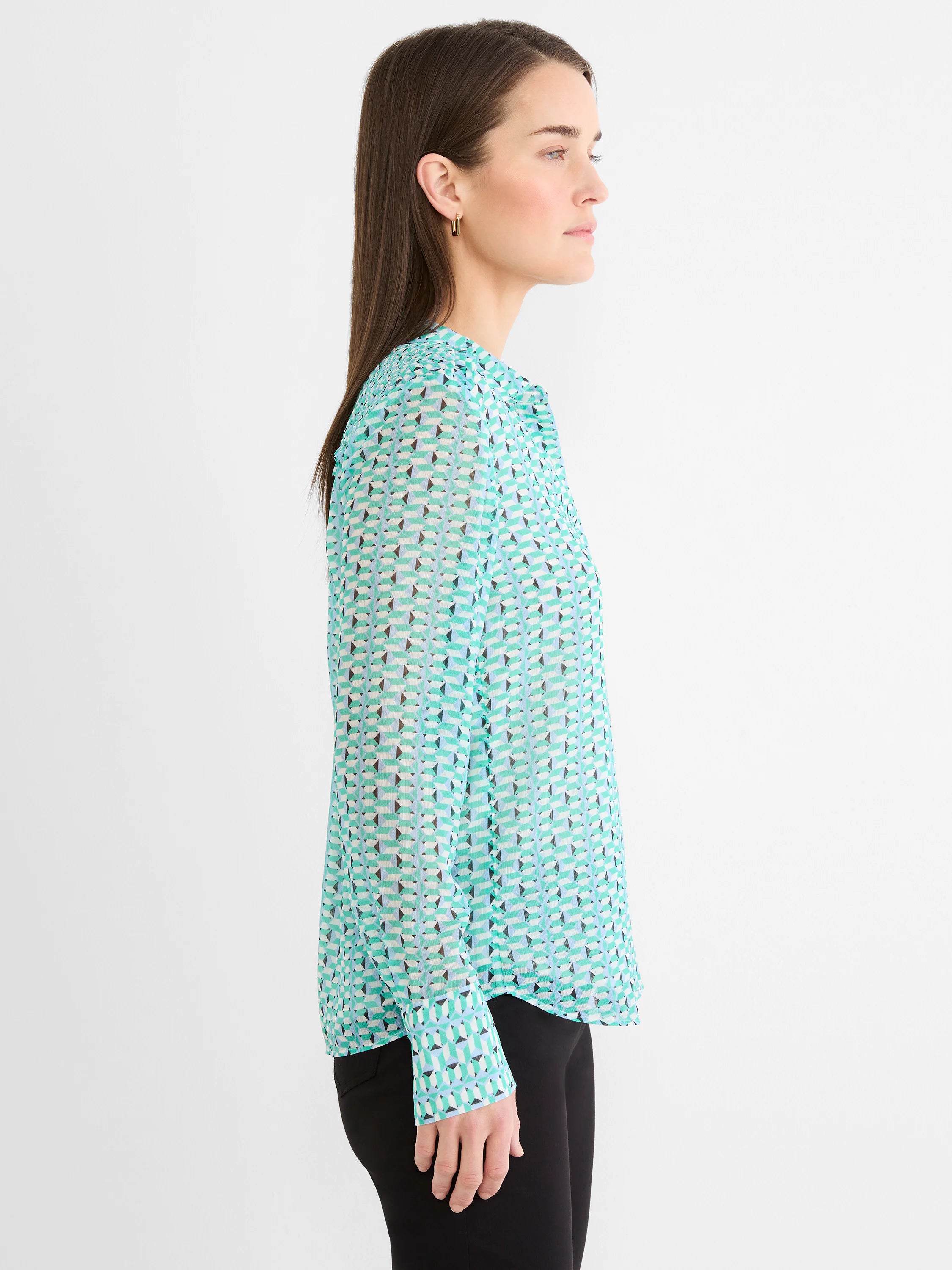 Chiffon shirt with a geometric "steps" pattern in teal, light blue, white, and brown. Long sleeves, semi-sheer fabric.
