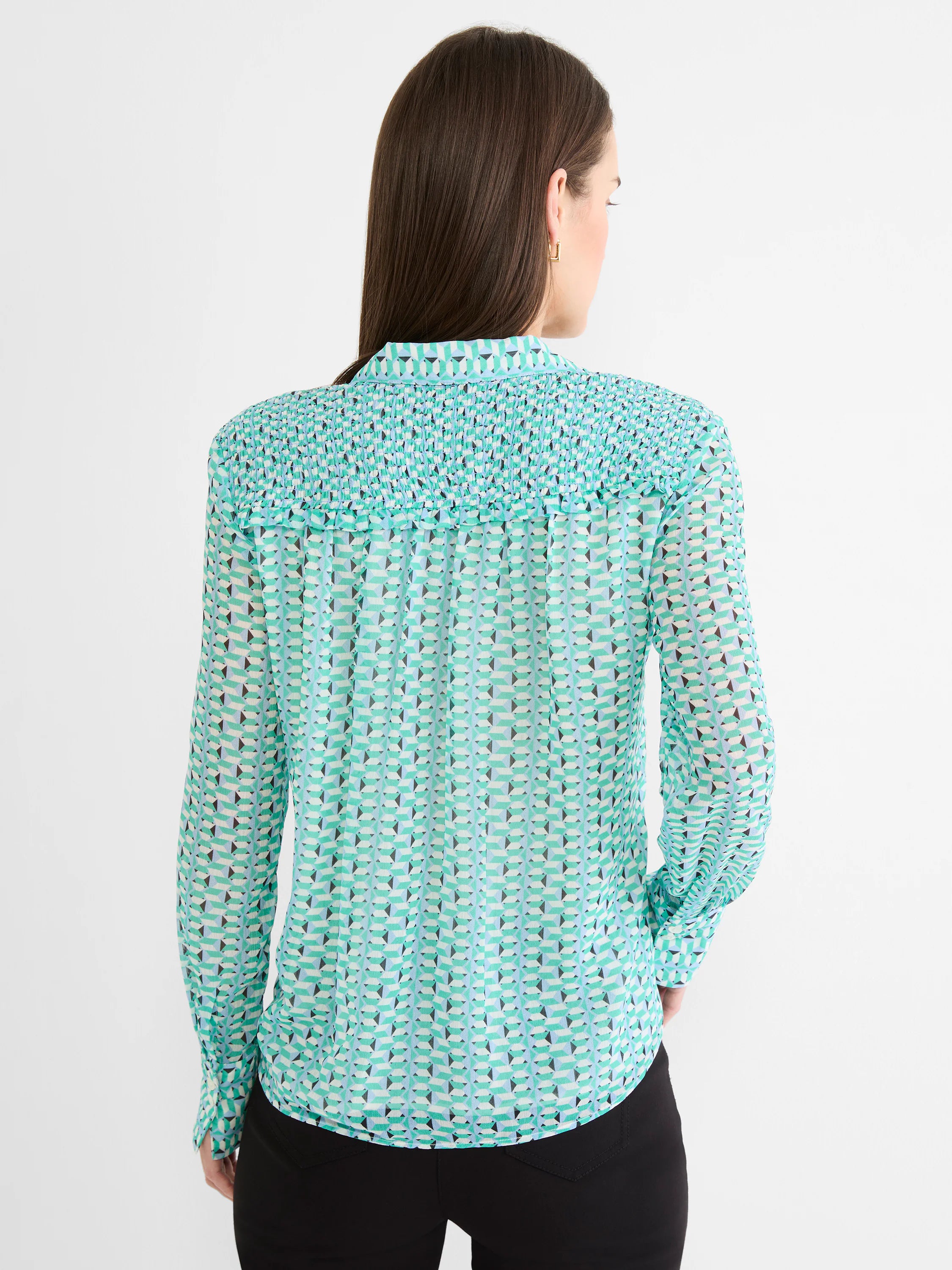 Chiffon shirt: aqua, light blue, white, grey geometric "steps" pattern. Shirred upper back & long sleeves.