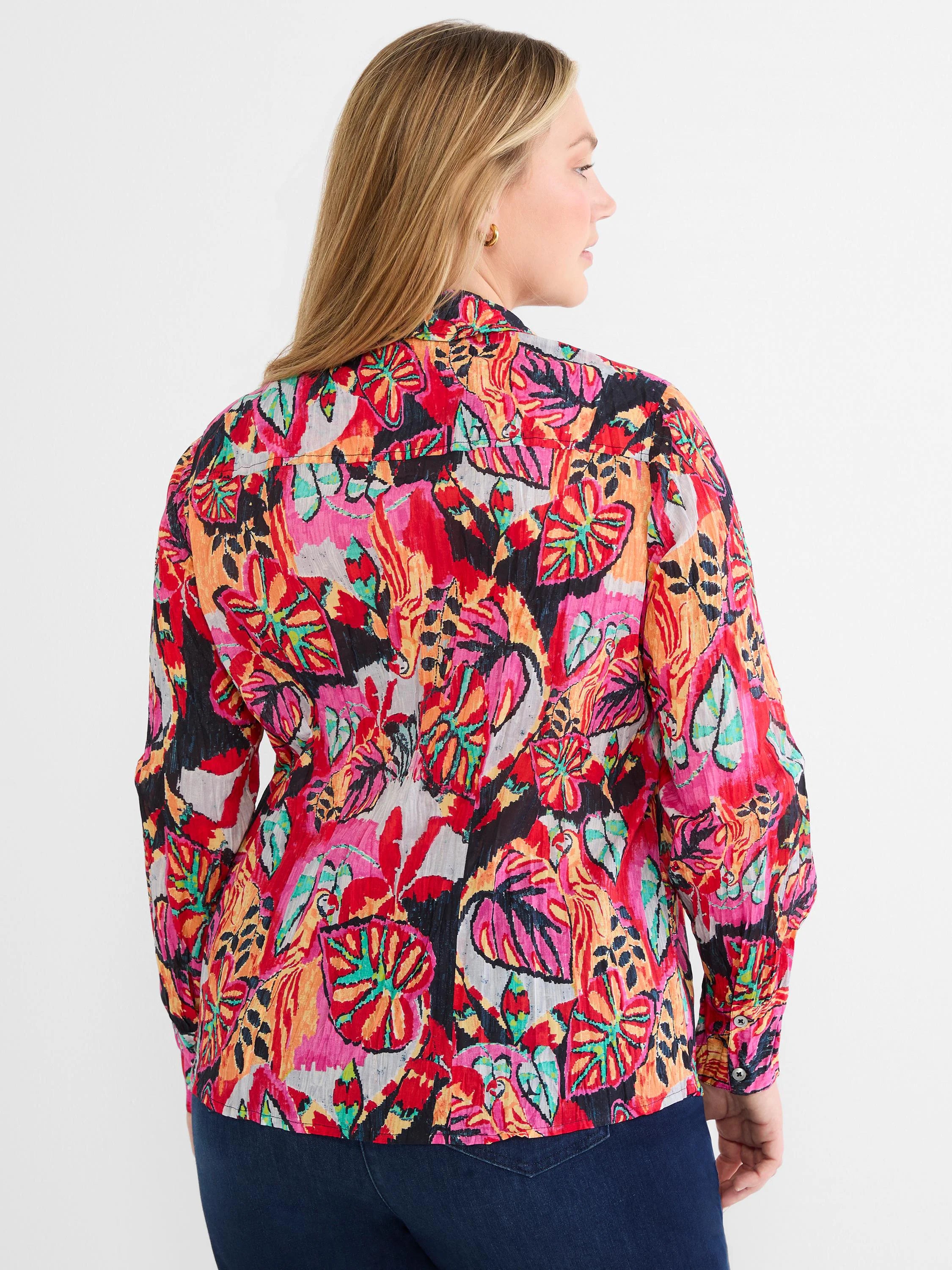 Crinkle shirt with a vibrant multi-color abstract floral pattern: red, pink, orange, teal, and black.