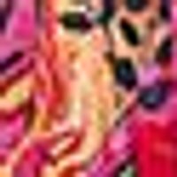 Vibrant pink, yellow, and orange colors with a dark, abstract spotted texture.