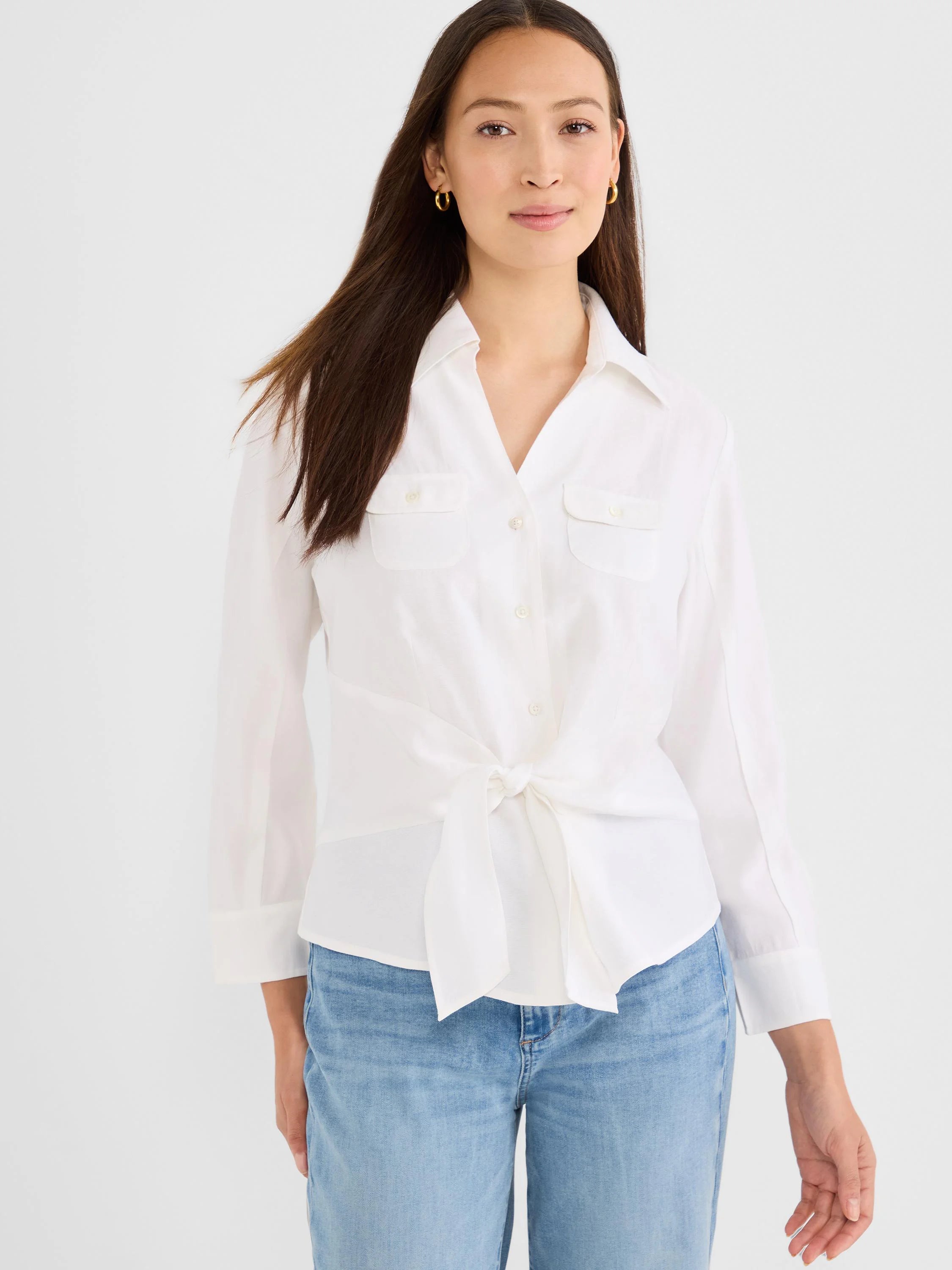 White collared shirt with two flap chest pockets and a tie-front knot.