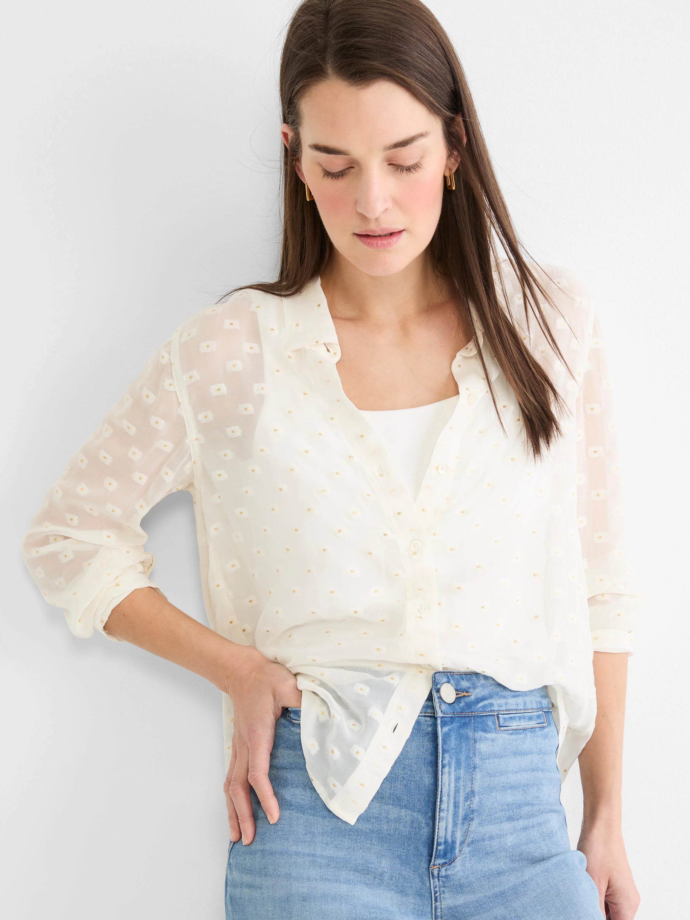 Cream, sheer button-down shirt with small, scattered golden square dots.