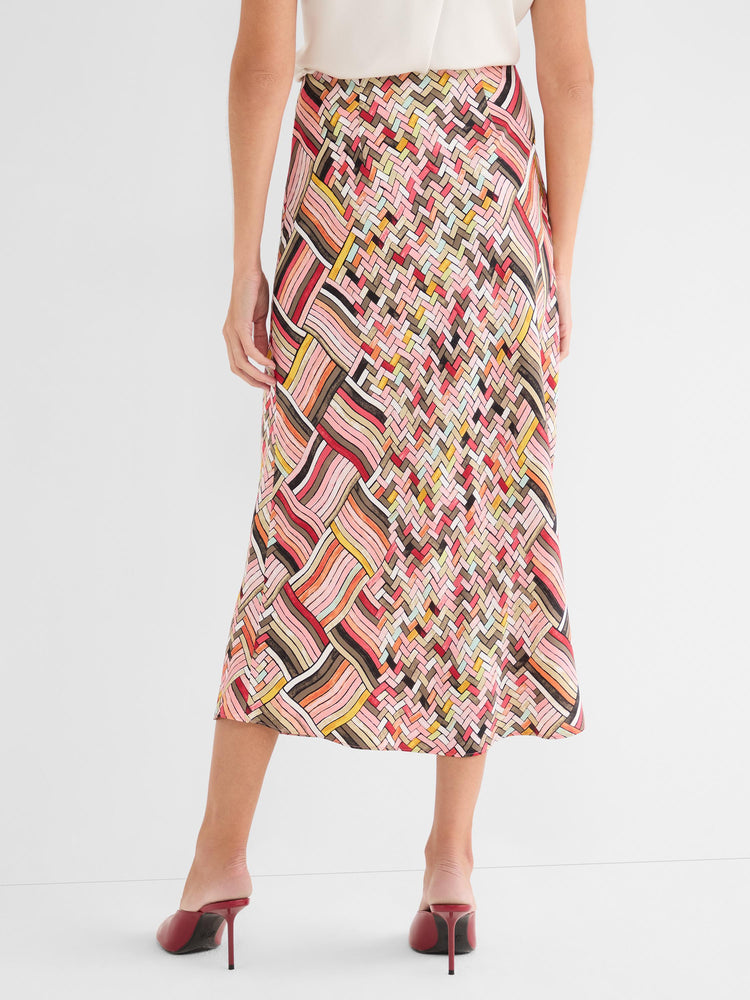 Flowing midi skirt featuring a vibrant multicolor geometric weave pattern and a high waist.