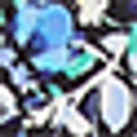 Dark, smooth fabric with blurry floral motif in blues, teal, and white/grey accents.