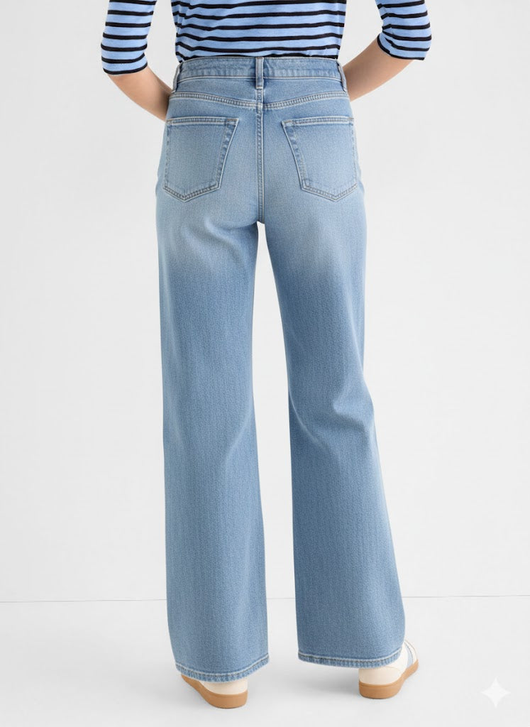 Light blue wide-leg jeans with a high waist and relaxed fit are shown from the back.