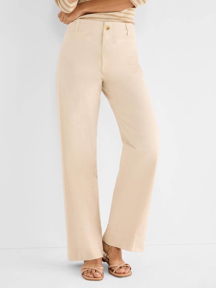 Light beige high-waisted trousers have a wide-leg cut, a front button closure, and a simple cuffed hem.