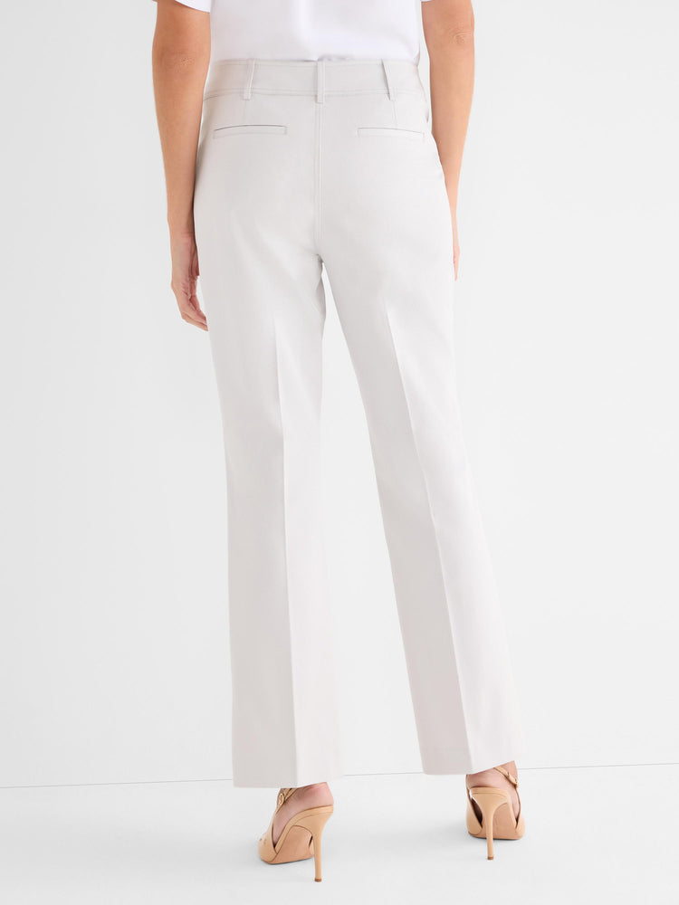 Pale beige tailored trousers feature a high rise, straight fit, and rear welt pockets.