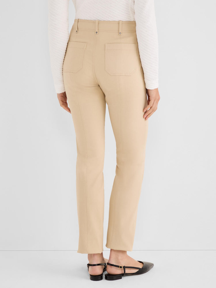 Slim-fit khaki trousers featuring back patch pockets and a prominent vertical seam detail down the center back leg.