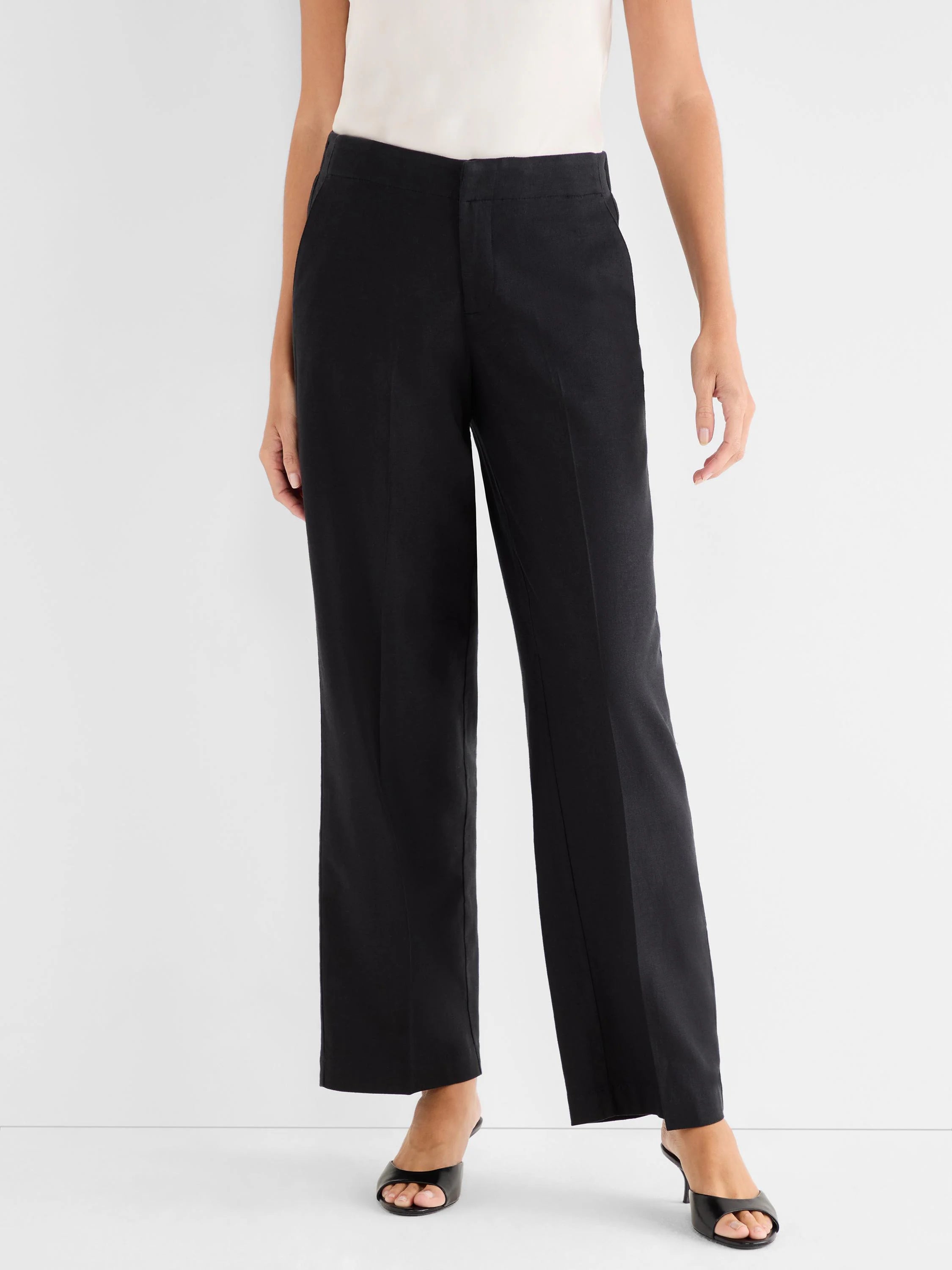 Black wide-leg cropped pants with a flat front and a subtle linen-like texture.