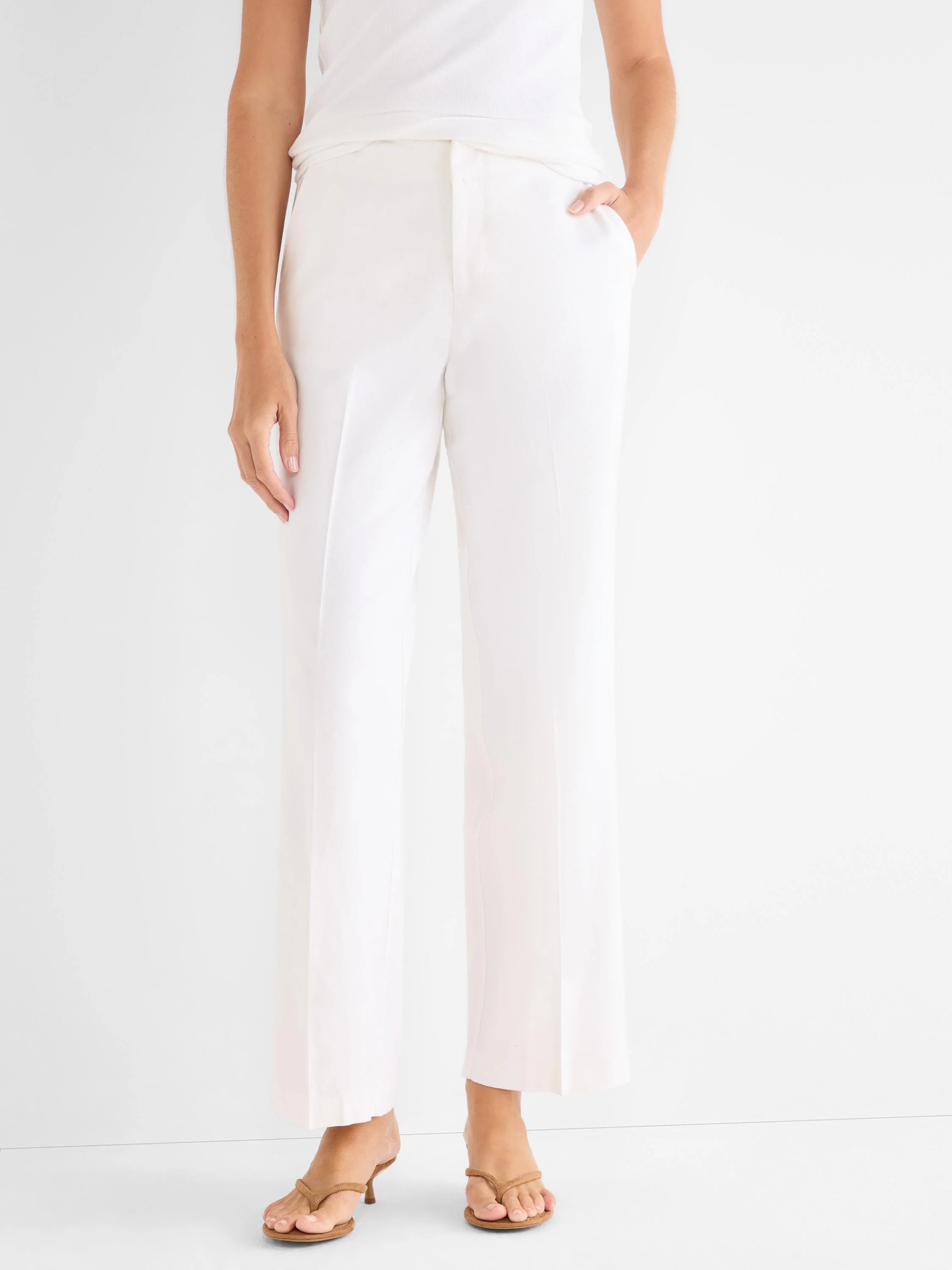 White wide-leg pants with a flat front, defined front creases, and a cropped length.
