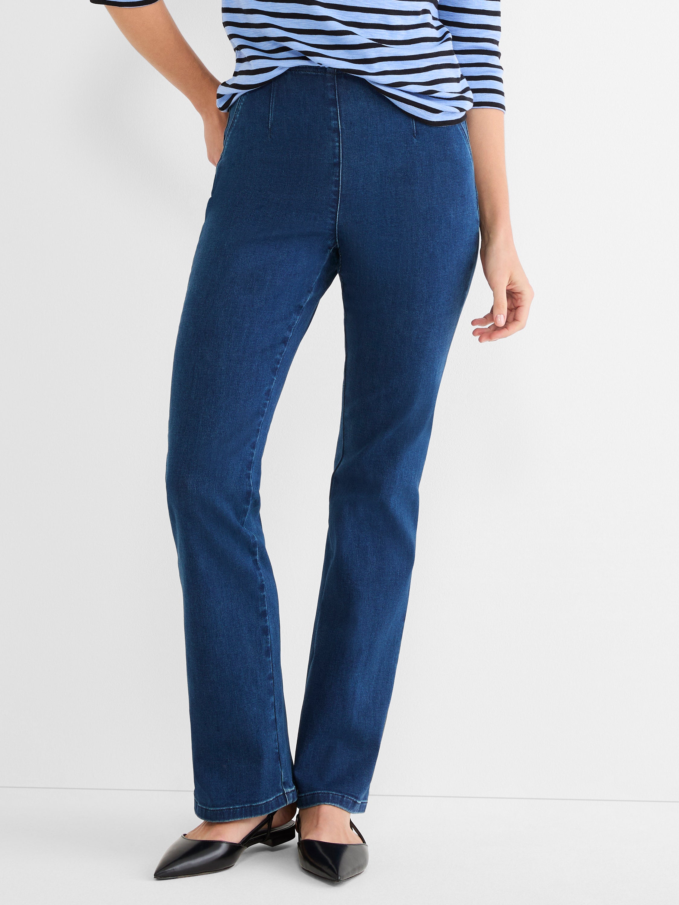 Dark wash denim pants feature a smooth pull-on high waist and a flattering straight leg fit.