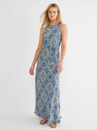 Blue, white, green, yellow filigree tile print sleeveless maxi dress with tie waist.
