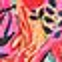 Blurry, vibrant fuchsia red and orange swirls with black spots and teal. Soft, mottled texture.