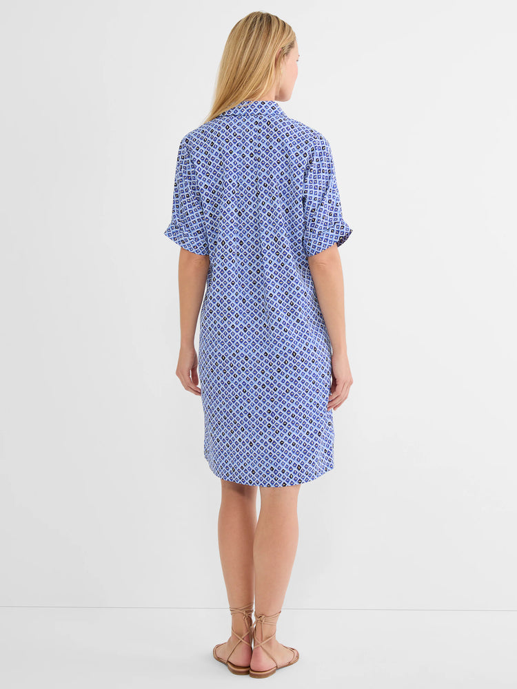 Shades of blue geometric patterned dress, shirt collar, cuffed short sleeves, above-knee length.