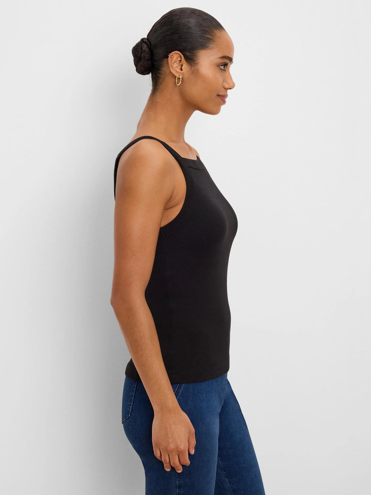 Black, ribbed square neck tank top. Fitted.
