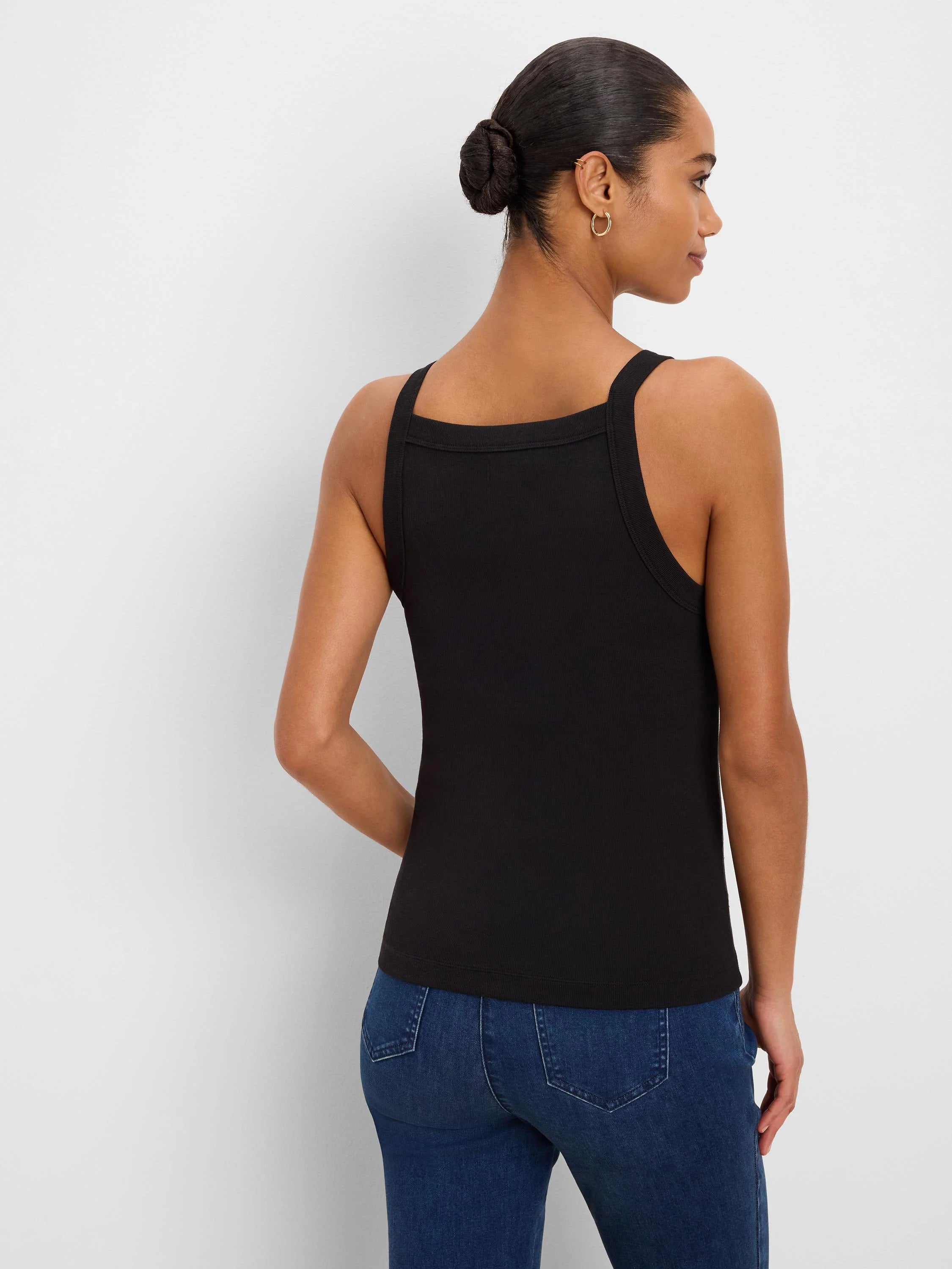 Fitted black ribbed square neck tank top with wide straps, back view.