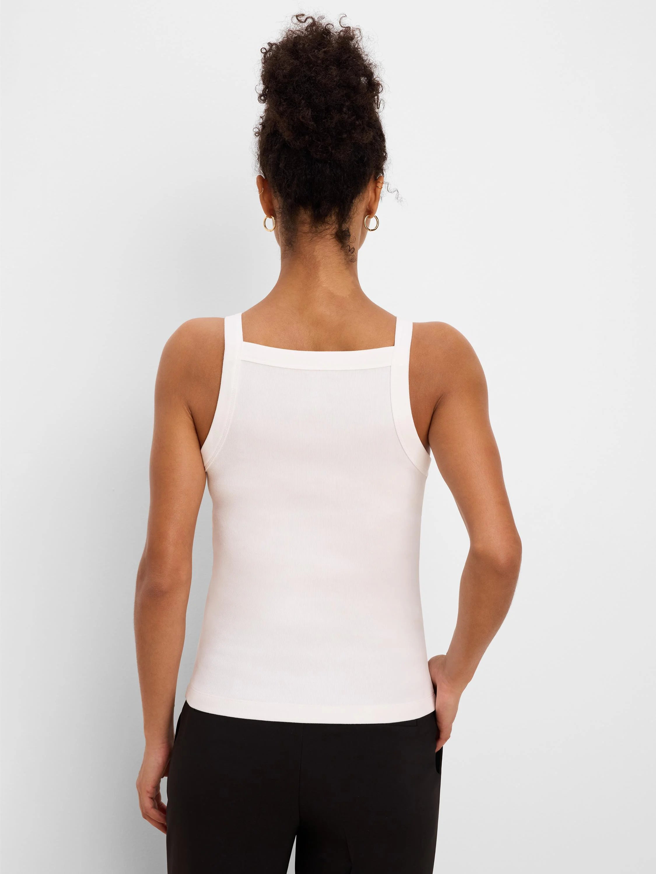 Pale cream ribbed tank top, square back neckline with wide straps, shown from the back.