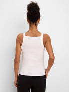 Pale cream ribbed tank top, square back neckline with wide straps, shown from the back.