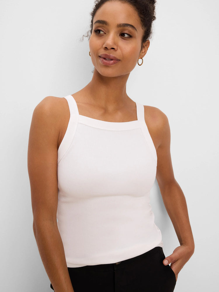 Ivory ribbed tank top with a square neck and wide straps.