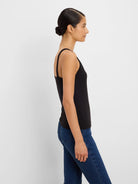 Fitted black ribbed V-neck tank top.