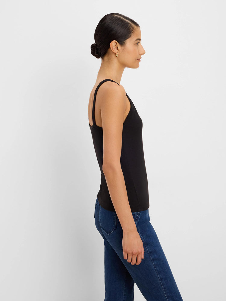 Fitted black ribbed V-neck tank top.