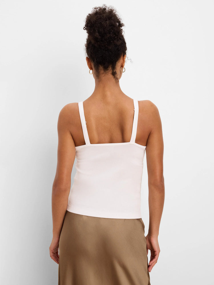 Oatmeal ribbed tank top, back view, with wide straps and a square back neckline.