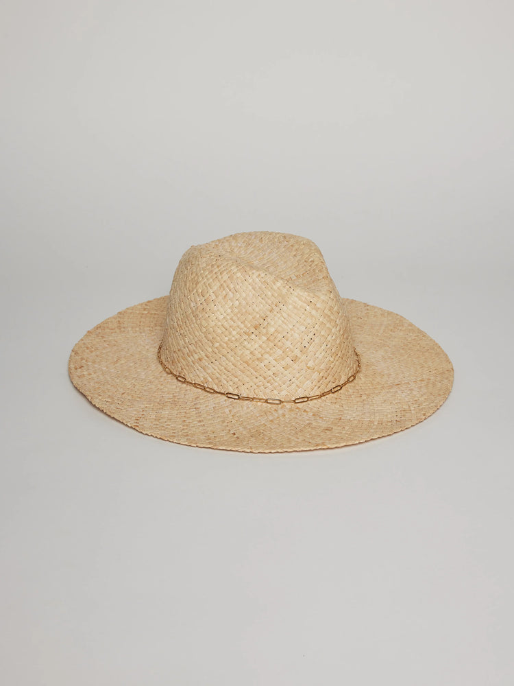 Beige woven straw rancher hat with gold chain detail.