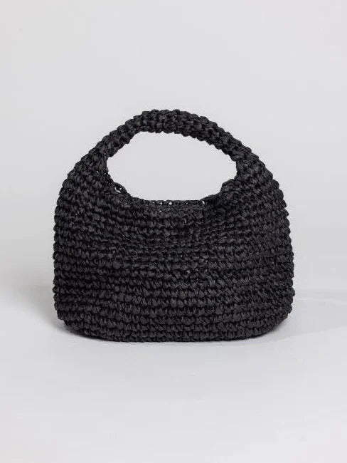 Black, slouchy handbag with a woven texture and single top handle.