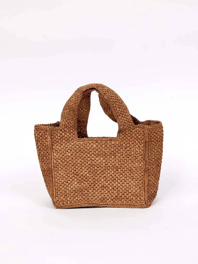 Light brown, woven rectangular bag with top handles.  Closely woven texture.