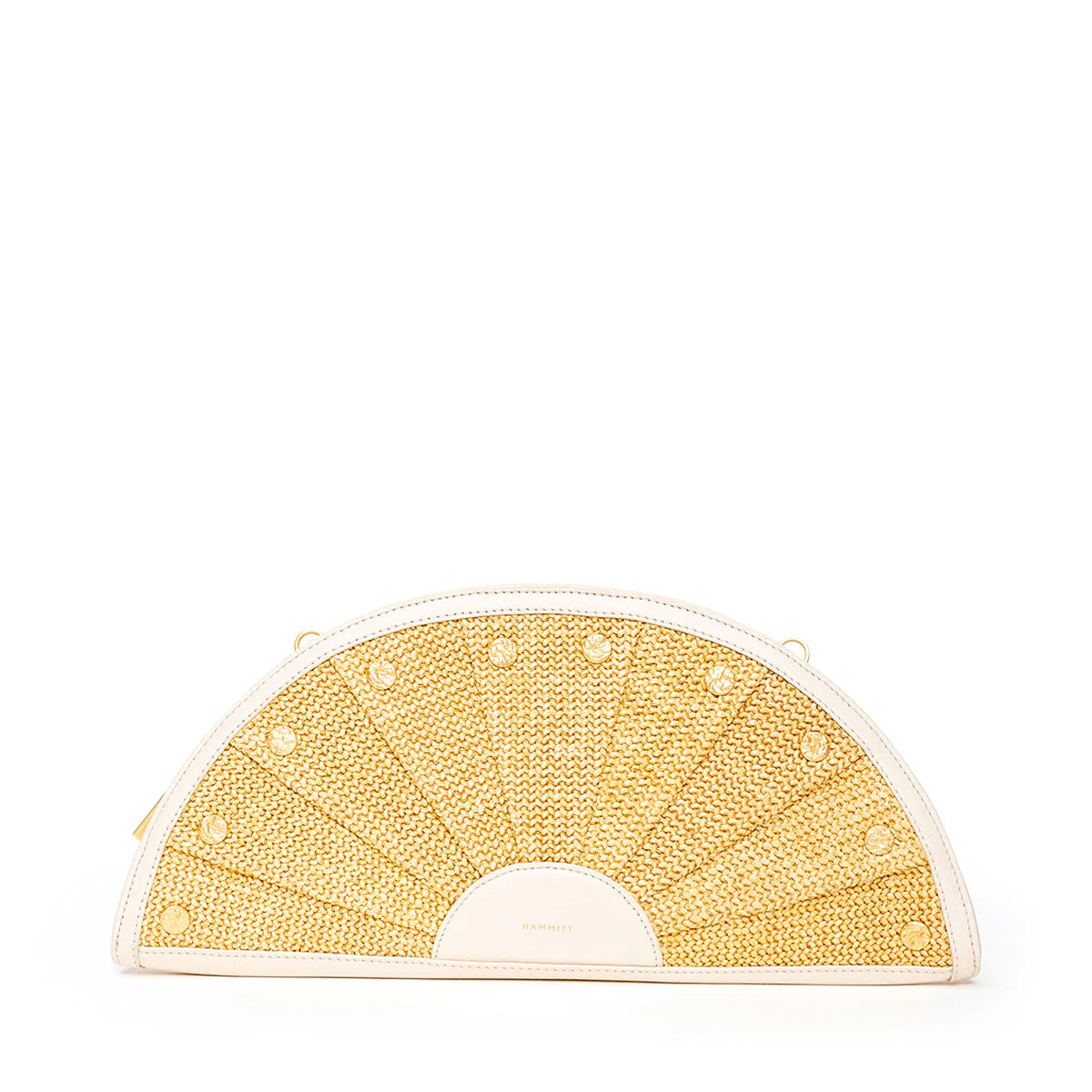 Semi-circular clutch with golden woven fan pattern, cream trim, and multiple round gold studs.