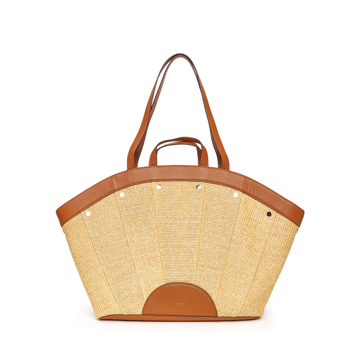 Hammitt Shelly Tote: Tan woven straw, fan-shaped body, brown leather trim, handles & half-circle base accent, silver studs.
