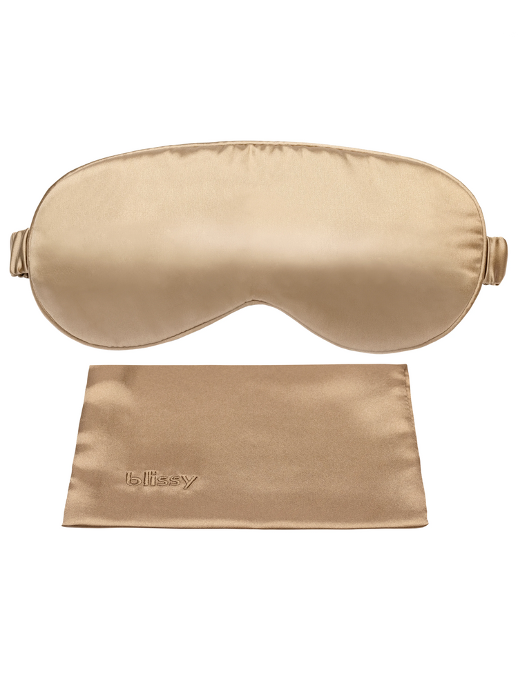 Beige silk sleep mask with matching satin storage pouch;  Blissy logo on pouch.