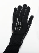 Black five-finger glove with white contrast stitching around fingers and three parallel lines on the back of the hand.