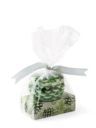 Green and dark gray pinecone pattern on round candle tin and rectangular soap box, wrapped in clear plastic with gray ribbon.