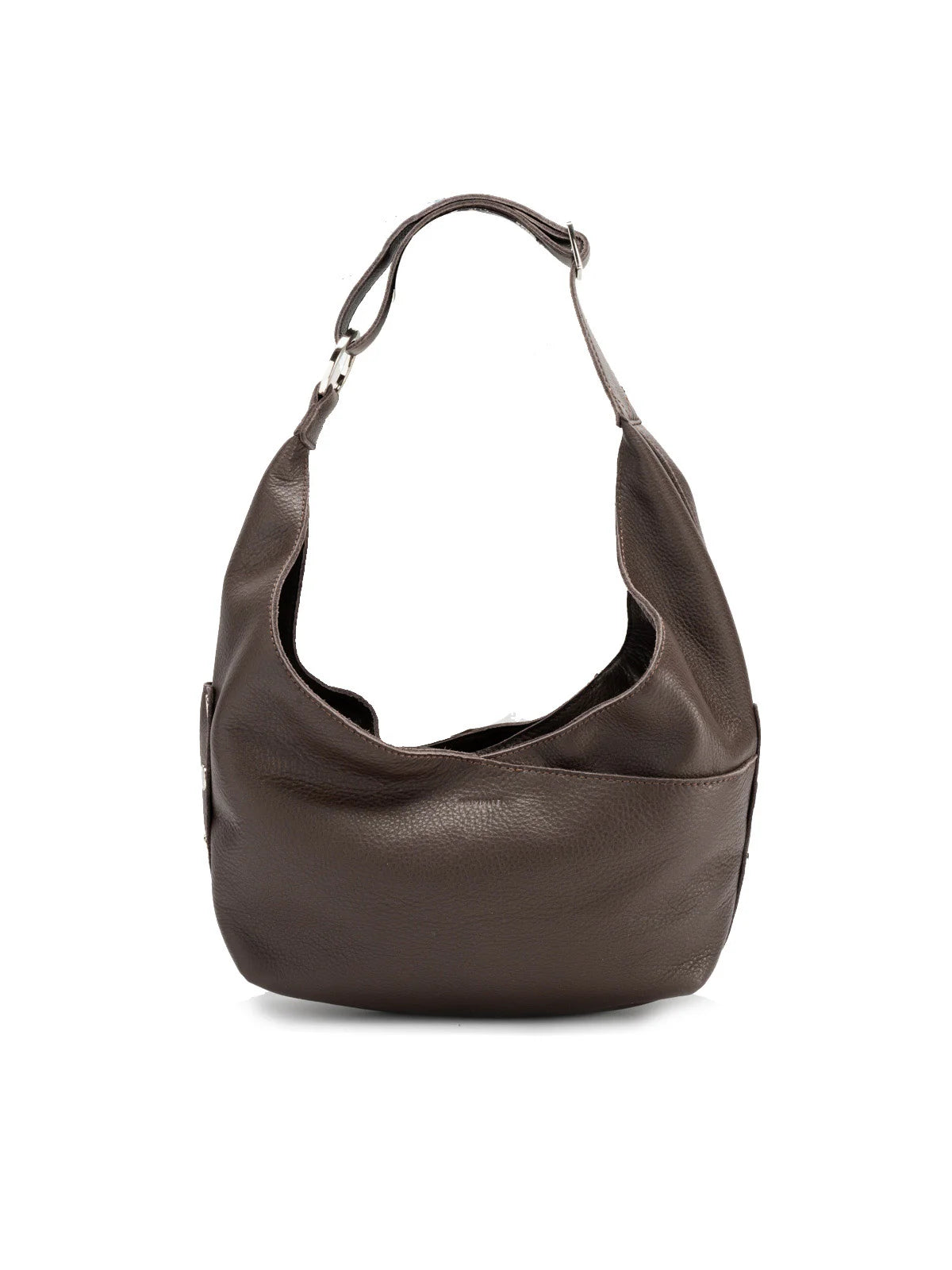 Dark brown pebbled leather hobo bag with a slouchy shape, adjustable shoulder strap, and silver-tone hardware.
