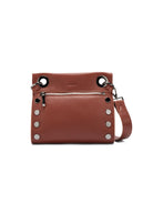 Brown leather clutch with gunmetal hardware, zip closure, and detachable strap.  Five studs down one side.