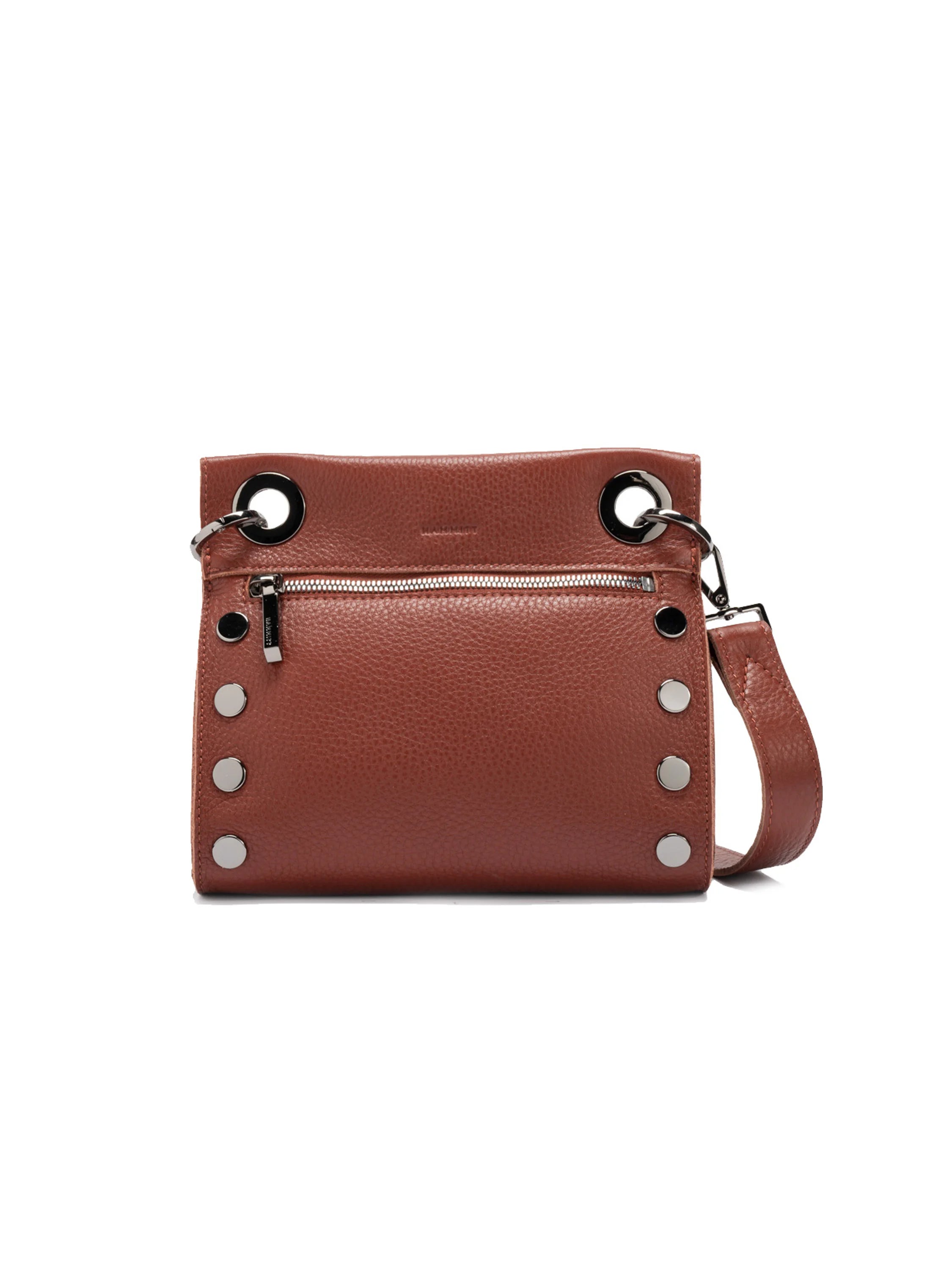 Brown leather clutch with gunmetal hardware, zip closure, and detachable strap.  Five studs down one side.
