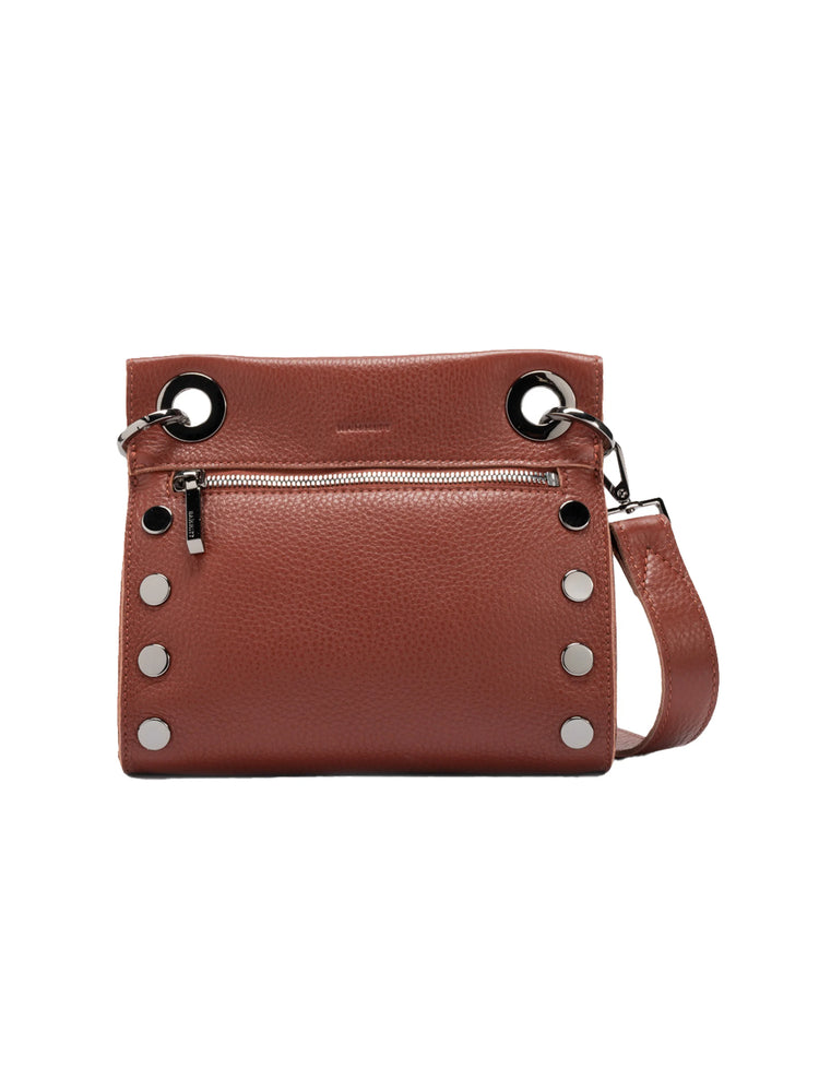 Brown leather crossbody bag with silver-toned hardware and studs.  Features a zippered closure and adjustable strap.