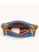 Hammitt Tony Small Clutch: Blue denim textured exterior, tan leather trim, gold studs & zipper. Red interior lining. ...