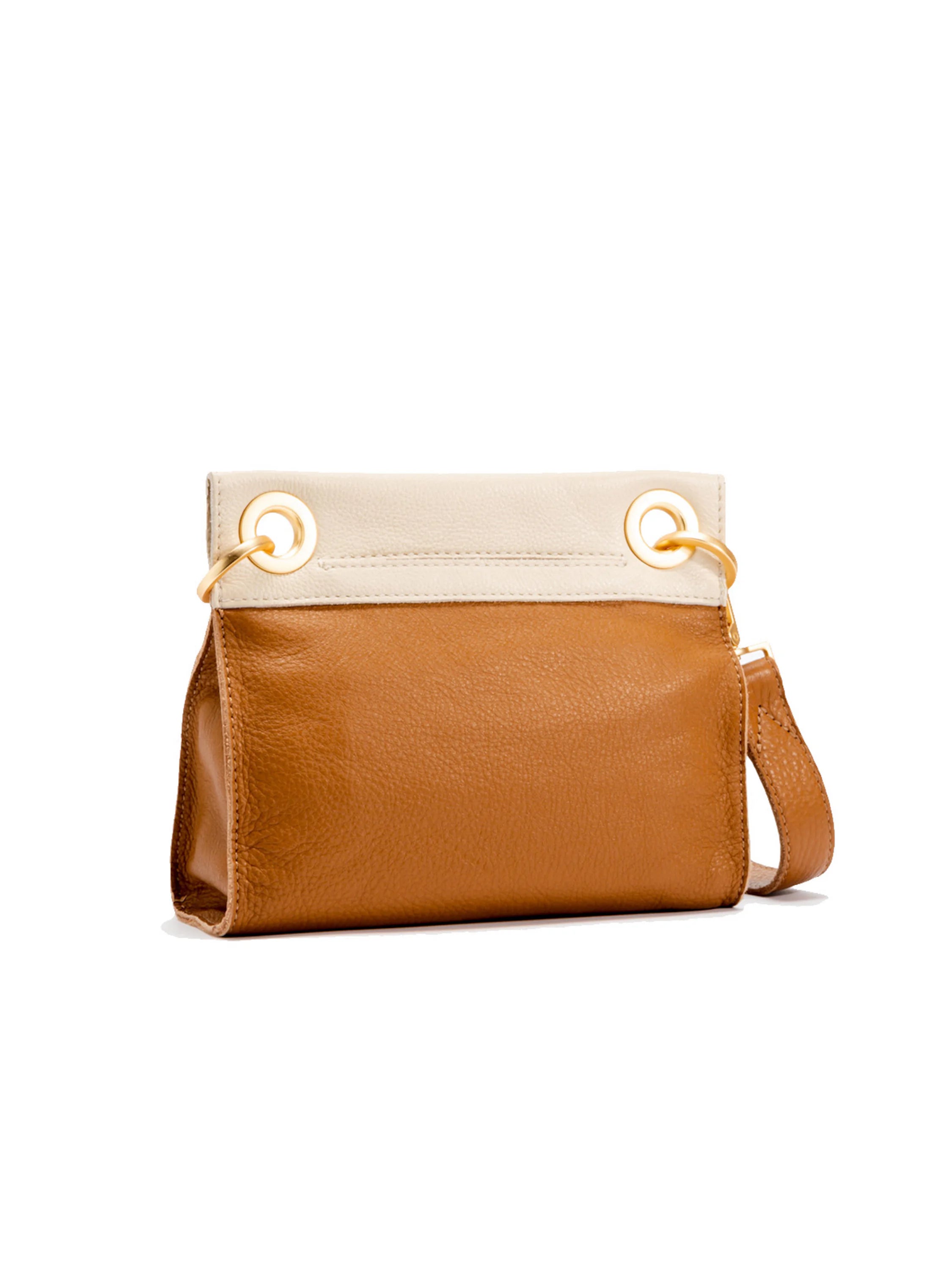 Brown and off-white leather crossbody bag with gold-toned hardware.  Small, rectangular shape with a short strap.