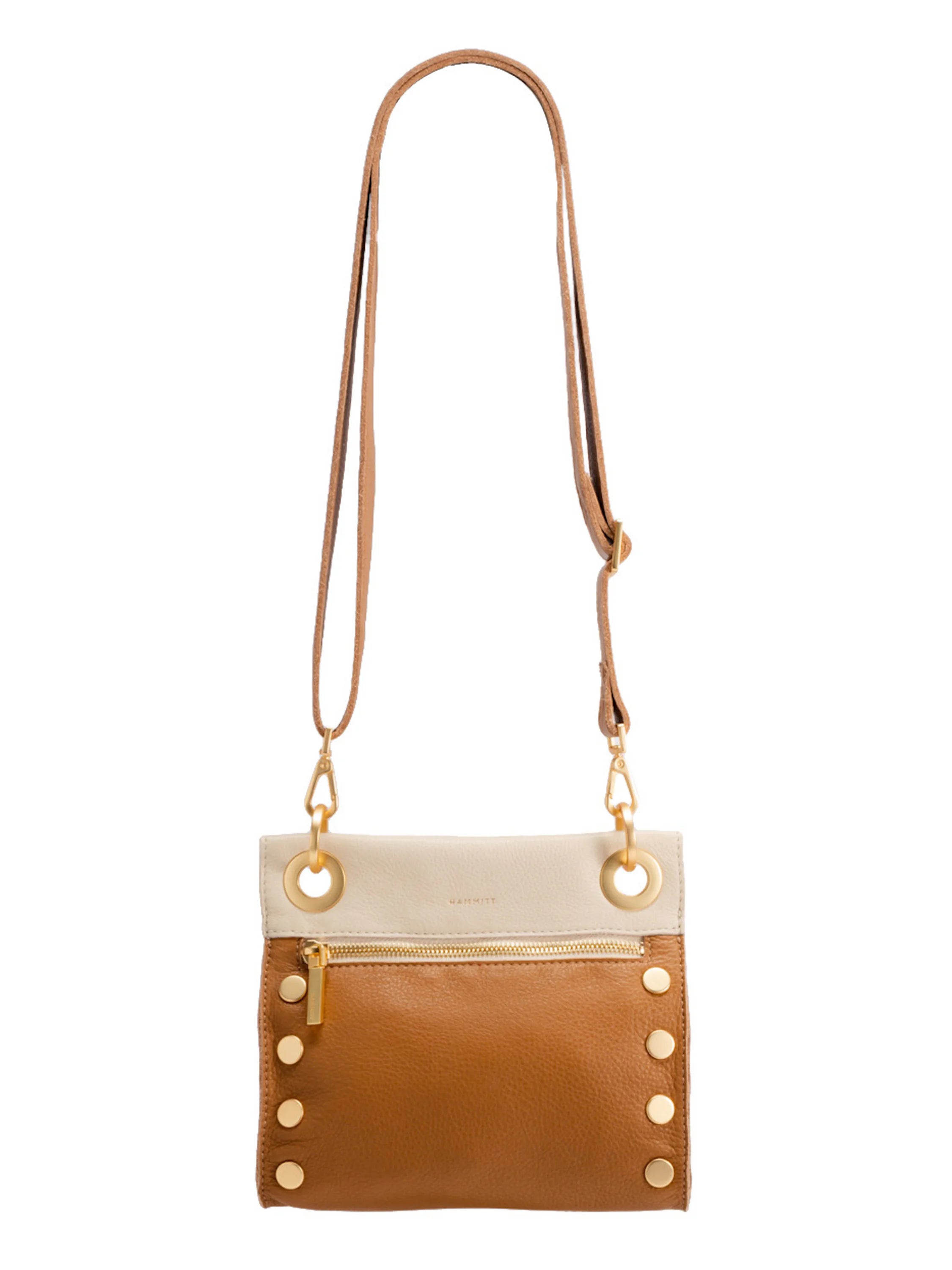 Hammitt Tony Small crossbody bag. Tan and off-white leather, gold hardware, long tan strap.