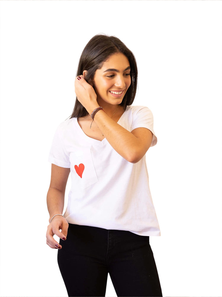 White V-neck t-shirt with short sleeves and a red heart on the left chest pocket.