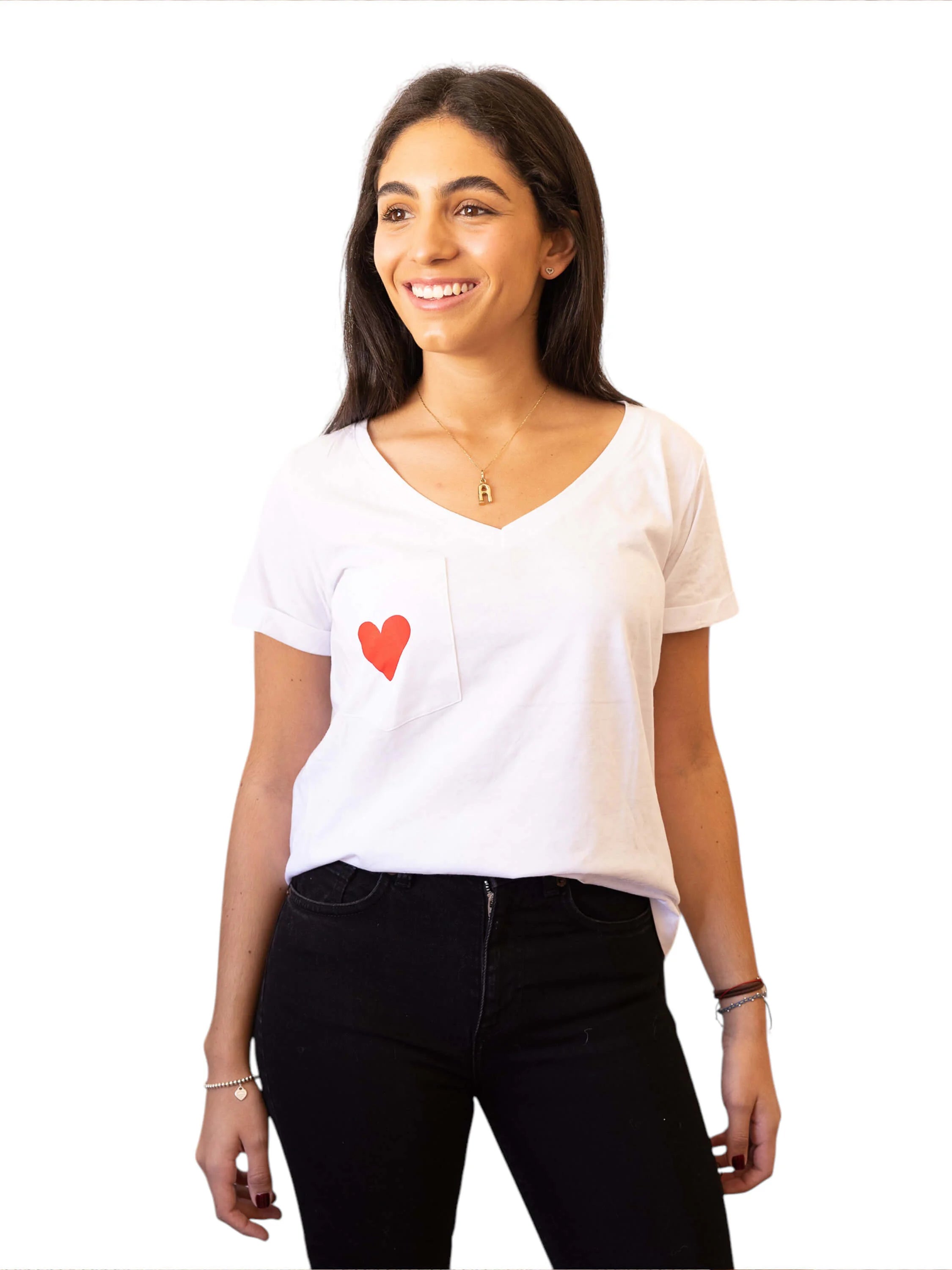 White V-neck t-shirt with a red heart on the left chest pocket.