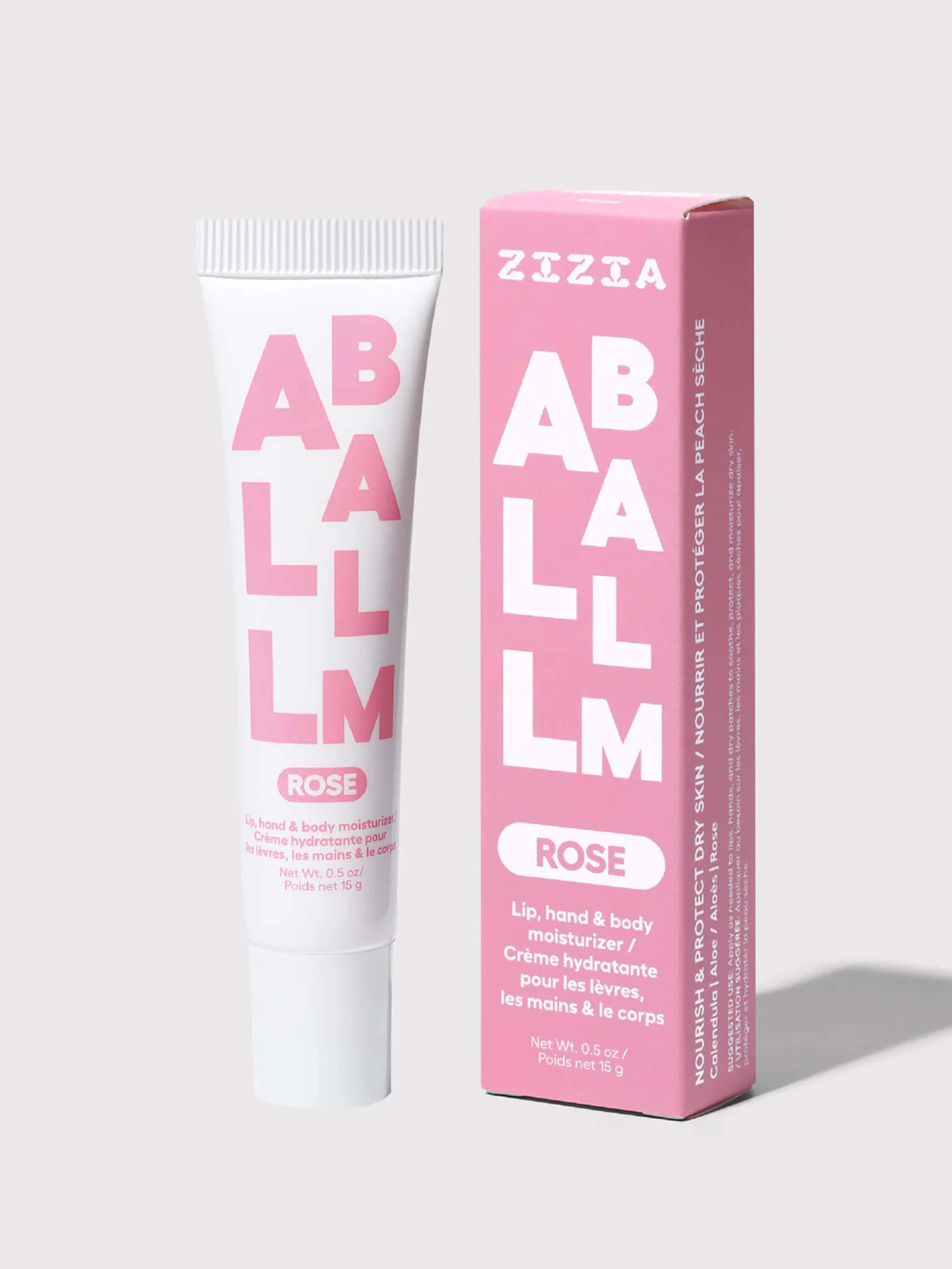White squeezable tube and pink box for Zizia Rose All Balm. Both feature "BALM" in contrasting colors.