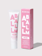 Rose-colored balm tube; white lettering;  "ABALLM" repeats; white tube with pink text; pink box.