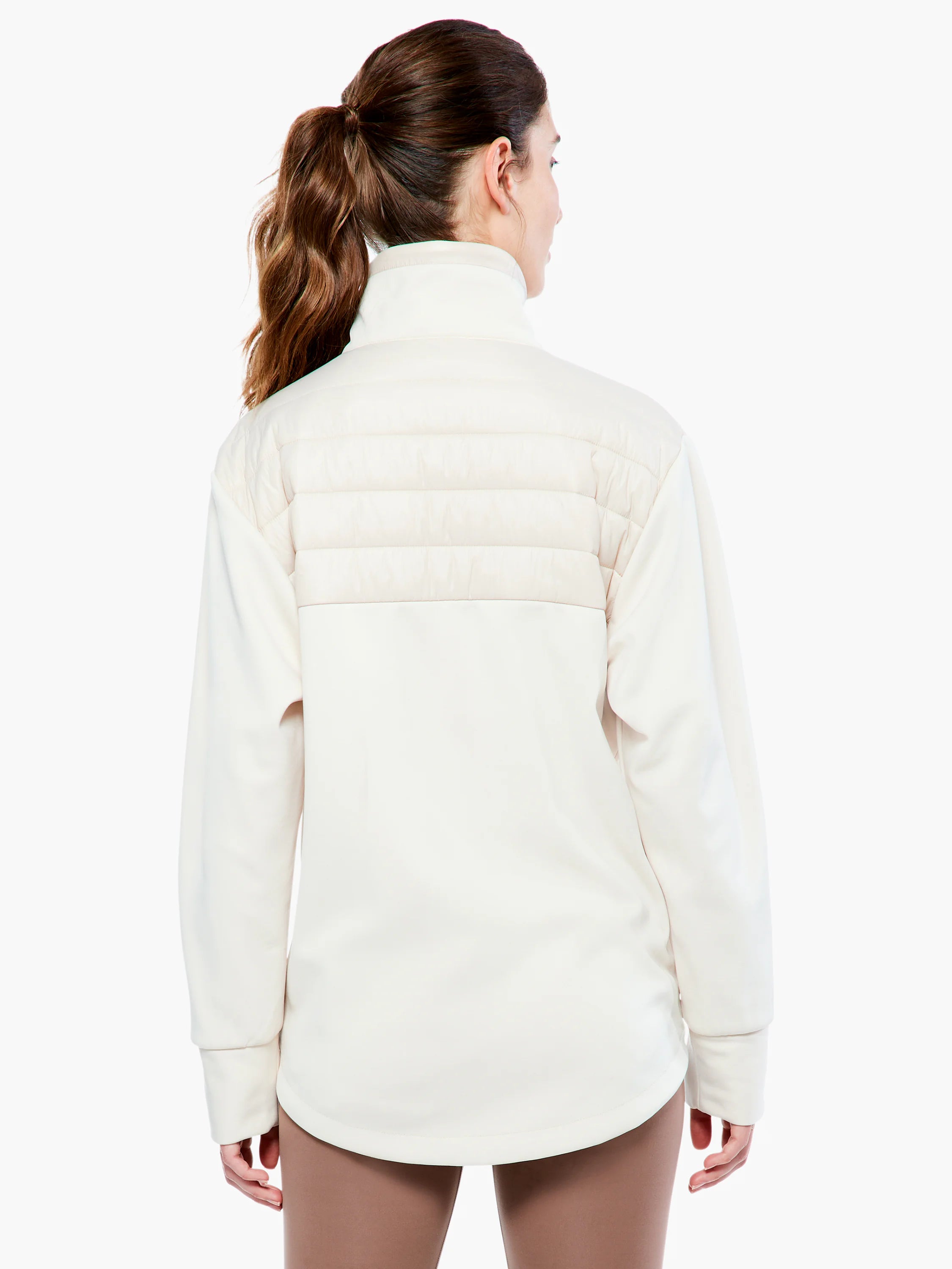 Cream Varley Belfern Jacket, back view. Stand-up collar, quilted upper back, smooth sleeves and lower body.